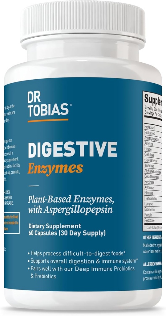 Dr. Tobias, Amylase, Bromelain, Lipase, Lactase, Protease, Papain & More, Digestion Supplement with 18 Enzymes for Digestion and Gut Health, 60 Capsules, 30 Servisler