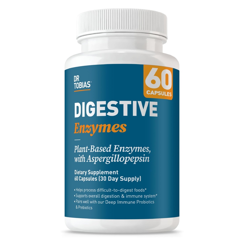 Dr. Tobias, Amylase, Bromelain, Lipase, Lactase, Protease, Papain & More, Digestion Supplement with 18 Enzymes for Digestion and Gut Health, 60 Capsules, 30 Servisler