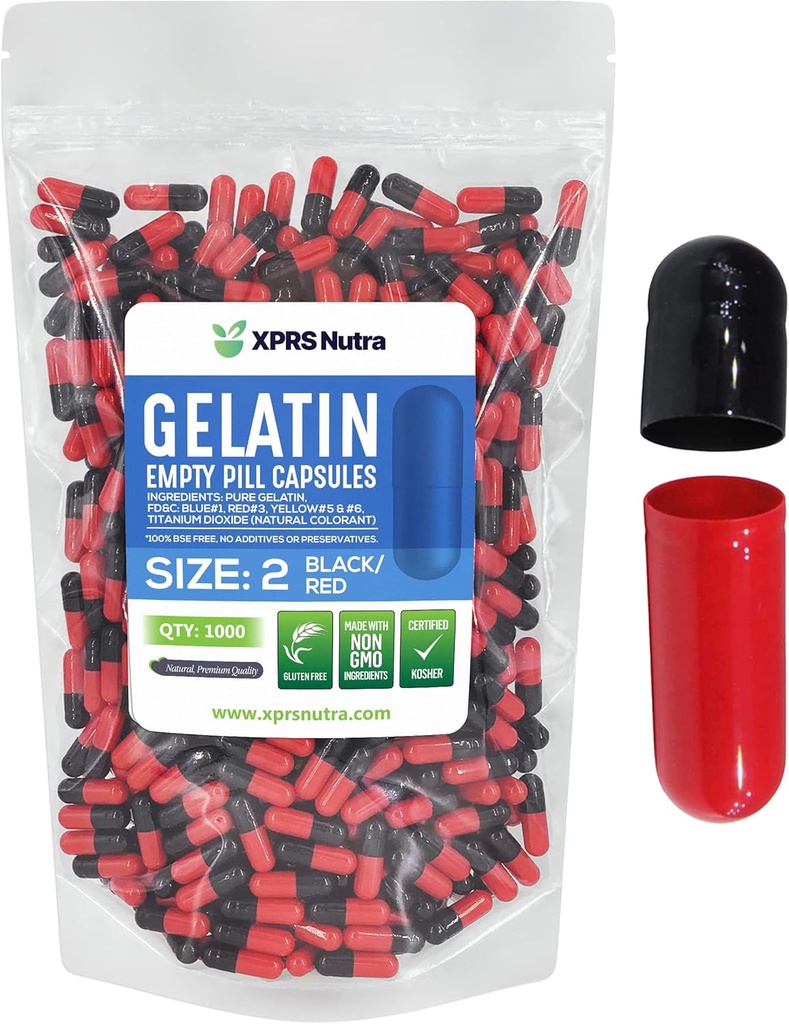 XPRS Nutra Boyutu 2 Boş Kapsüller - 1000 Kont Boş Gelatin Capsules - Pills DIY Capsule - Pure Bovine Pill Gel Caps For Do-It- Yourself Supplements (Black/Red)