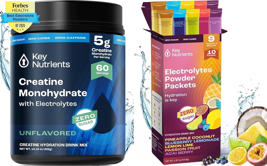 ΒΑΣΙΚΑ ΦΥΤΑ Creatine Monohydrate & Hydration Packets Bundle – Unflaved Micronized Creatine Powder (60 Services) + Ηλεκτρολυτές Powder Packets (10 Services) – Ενίσχυση Δύναμη, Ενυδάτωση & Ανάκτηση