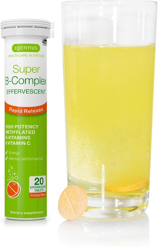 Igennus Super B- Complex μεθυλιωμένο υγρό B- Vitamin αναβράζοντα συμπλήρωμα, γρήγορο ενεργειακό ποτό δράσης, καφεΐνη & ζάχαρη-free, πορτοκαλί γεύση, Vegan, 20 δισκία