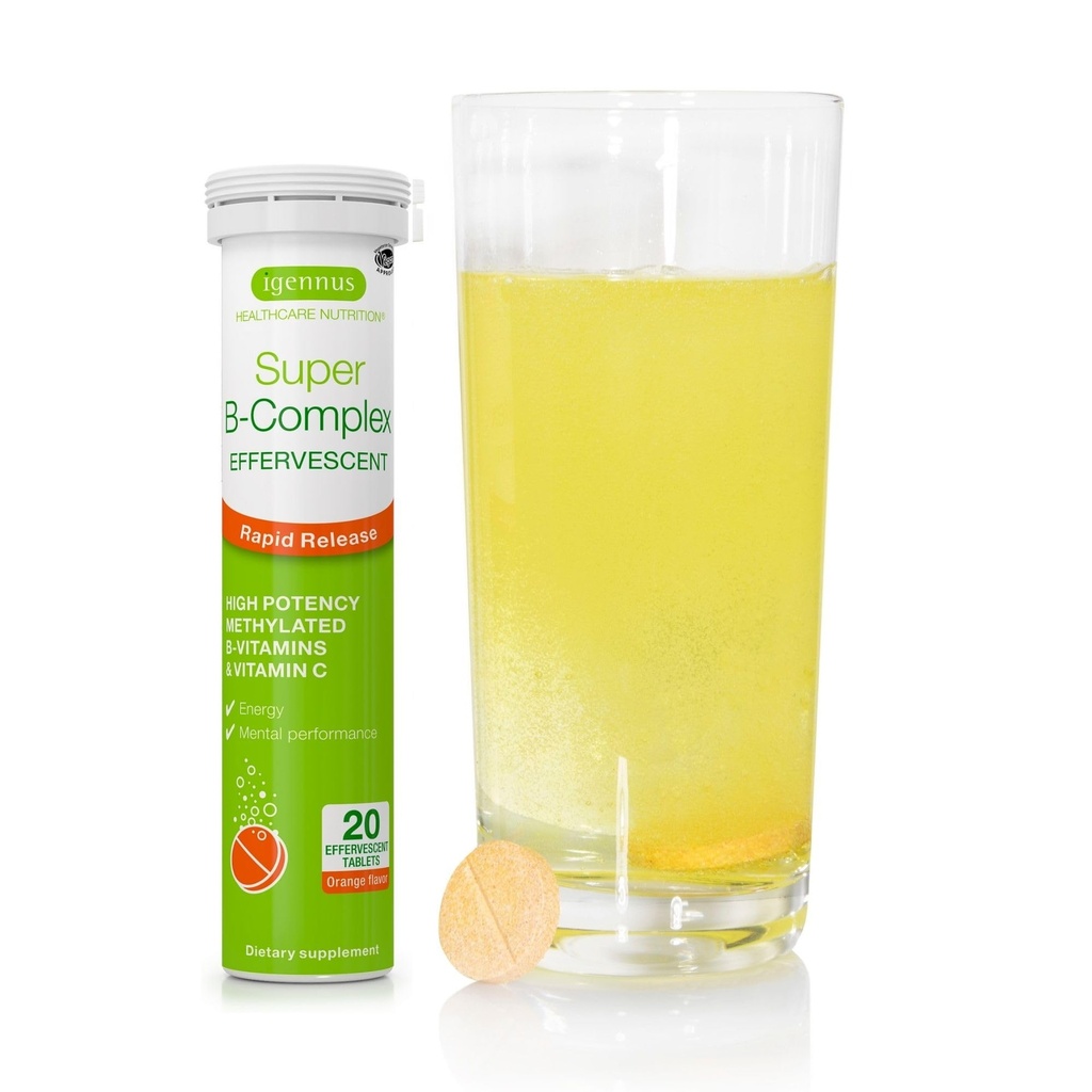 Igennus Super B-Complex Torchated Liquid B-Vitamin Effervescent Supplement, Fast Action Energy Drink, Caffeine & Sugar-Free, Orange Flavor, Vegan, 20 Tabletler