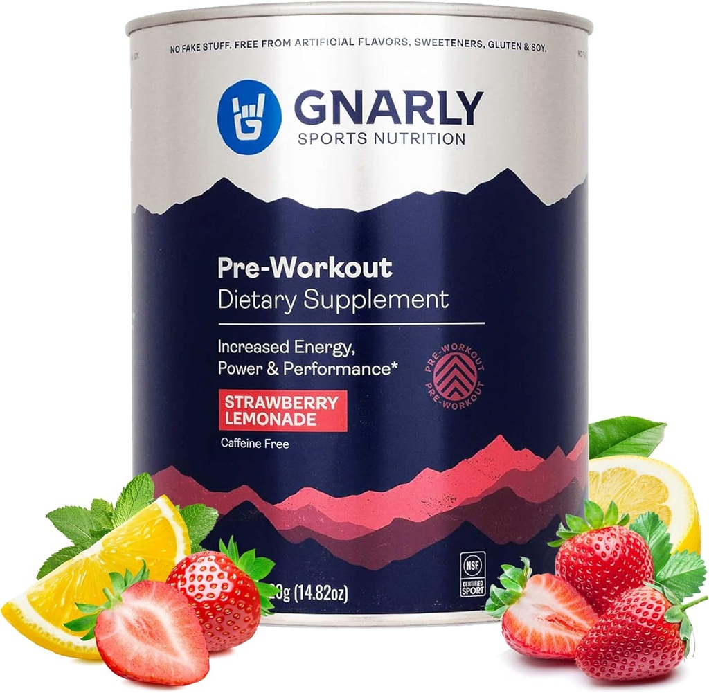 Gnarly Nutrition Natural Pre-Wortout Powder, Strawberry Lemonade – NSF Περιεχόμενα Πιστοποιημένα, Αντοχή & Ανάκτηση – Vegan Pre-Wortout, Sports Nutrition – Φράουλα Λεμονάδα Caffeine Δωρεάν, 14.82 oz