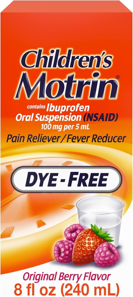Çocuk Motrin Oral Suspension 100 mg Ibuprofen Tıp, NSAID Ateşi ve Ağrıları Soğuk ve Flu nedeniyle, Dye Free, Alkol-Free, Berry Flavored, 8 fl. ozzz