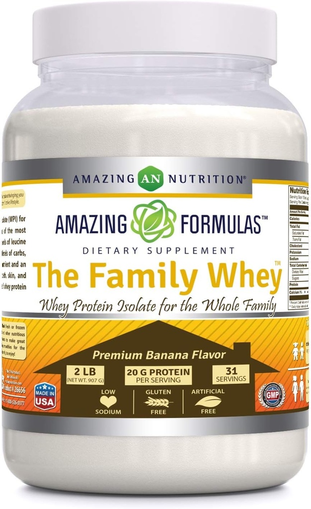 Amazing Formulas The Family Whey Protein (Isolate) Powder for The Whole Family - 2 λίβρες - Πιο Πλήρης & Καθαρή μορφή πρωτεΐνης - Χωρίς γλουτένη (Banana)