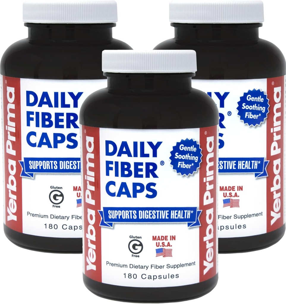 Yerba Prima Daily Fiber Capsules, 180 Caps (Pack of 3) - ► Diyetsel Fiber Supplement - Kolon Temiz - Gut Health - Constipation Relief, Vegan, Non-GMO, Gluten-Free-Free