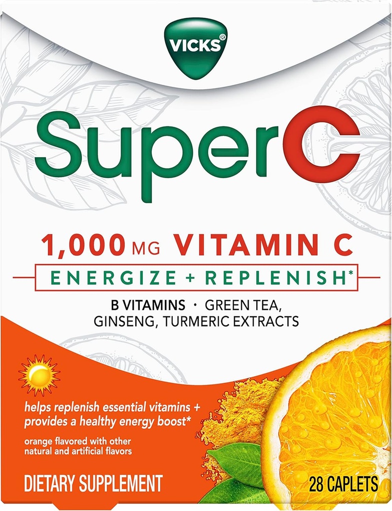 Vicks Super C Energize + Replenish Daytime Diyetary Supplement with Vitamin C, B Vitaminleri, Yeşil Çay, BTC ve Turmeric ekstraksiyonlar gerekli vitaminleri tamamlamak için yardımcı olur *, 28 Caplets