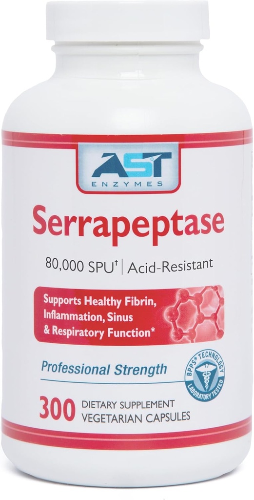 AST Enzymes Serrapeptase 80.000 SPU – 300 κάψουλες χορτοφάγων - Premium Natural Systemic Enzymes – Acid-resistant Serrapeptase