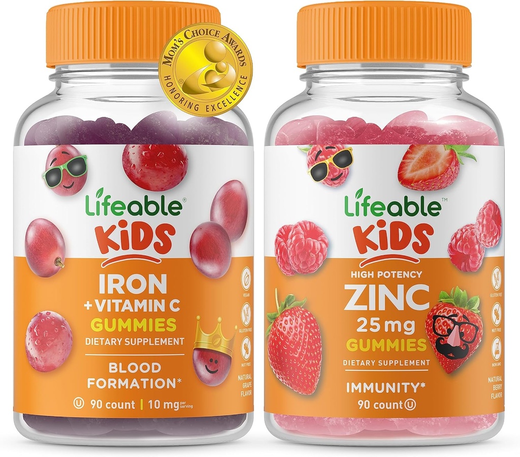 Lifeable Iron & Vitamin C Kids + Zinc 25mg Kids, Gummies Bundle - Great Tasting, Vitamin Supplement, Gluten Free, GMO Free, Chewable Gummy