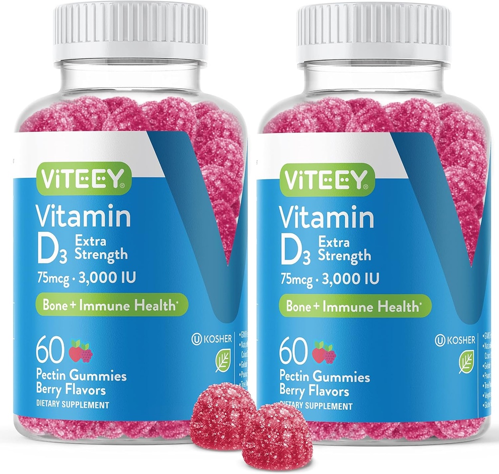 Βιταμίνη D3 Gummies για Ενήλικες & Έφηβοι - 3.000 IU, 75mcg, Extra Strength - Κοινή & Μυική Υγεία, Ανοσοποιητική Ενίσχυση - Μασώμενη Βιταμίνη D Gummies - Χορτοφαγική, Ζελατίνη Δωρεάν - Νόστιμο Berry Γεύση Gummy