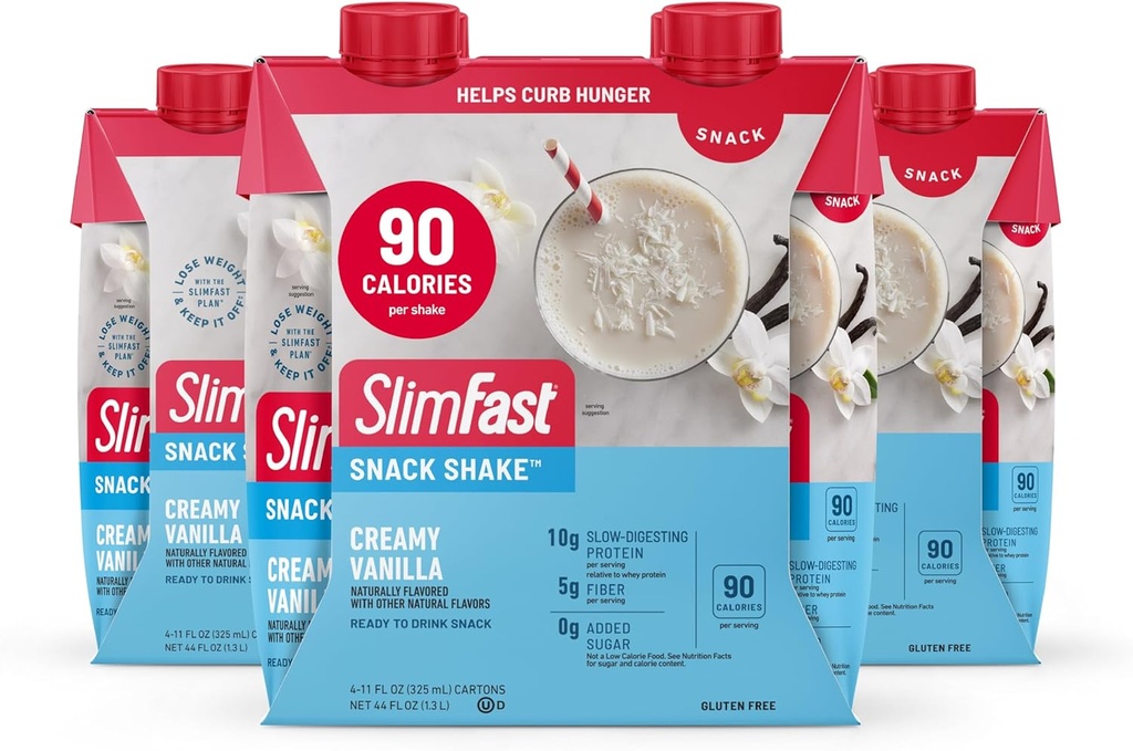 SlimFast Snack Shake, 90 Calorie Fiber Shake, içmeye hazır, protein İçilir, Kremy Vanilla, 12 Count