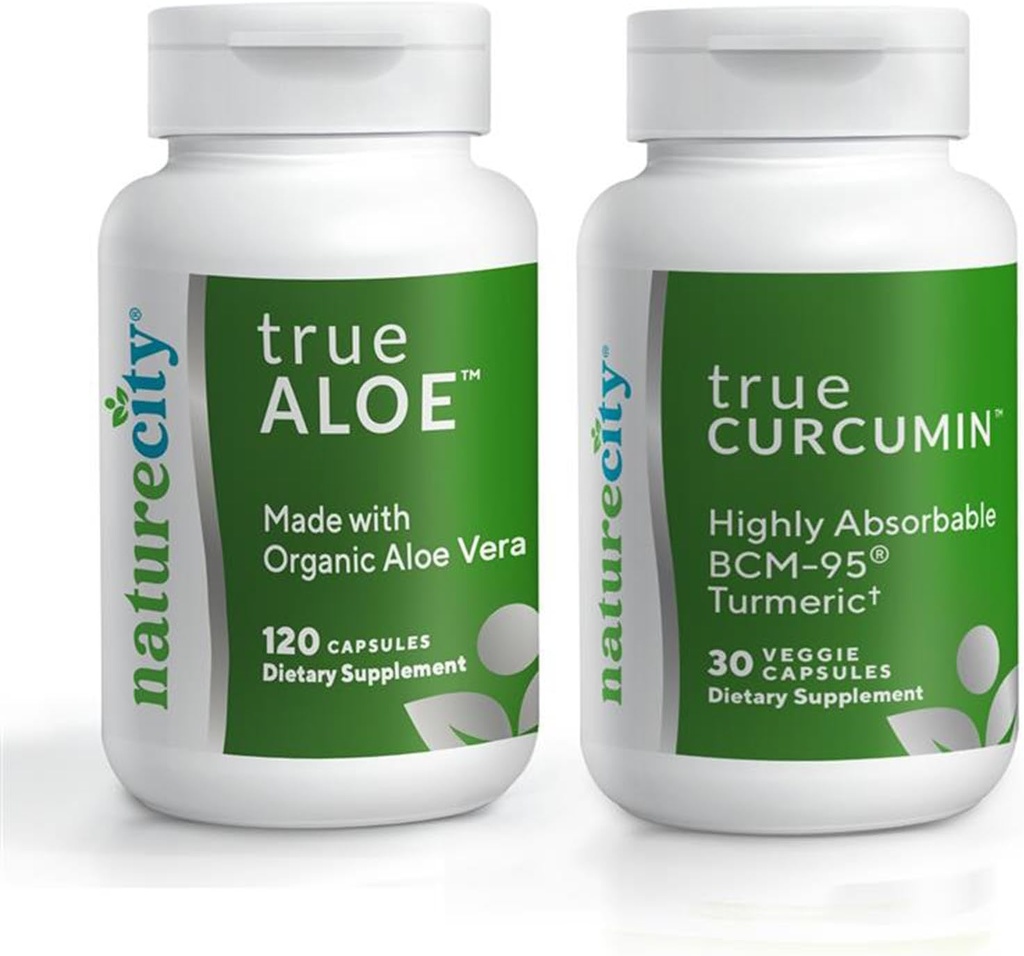 NatureCity Joint Support Sche / True-Aloe Organik AloeVera, 120 Capsules + True-Curcumin with 500 mg of Highly Absorbable BCM-95 Curcumin + Turmeric Essential Oil, 30 Capsules