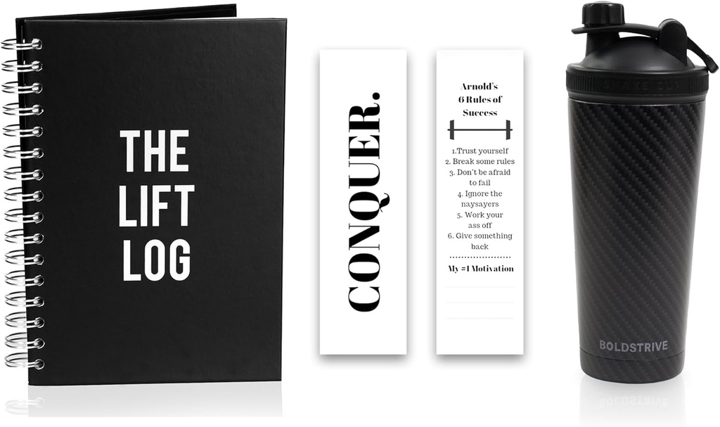 Μπουκάλι αναδευτήρα πρωτεΐνης από ανοξείδωτο χάλυβα, μονωμένο μπουκάλι νερού με μαύρο περιτύλιγμα ινών άνθρακα και το περιοδικό προπόνησης με σελιδοδείκτη - 6 Μήνες Undated Εφημερίδα καθημερινής καταλληλότητας