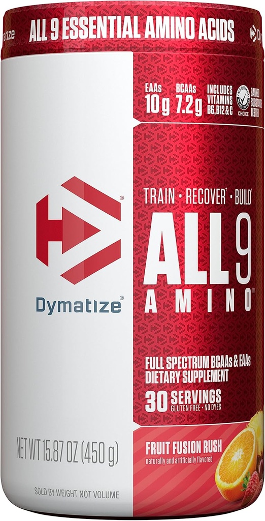 Dymatize All9 Amino, 7.2g of BCAAs, 10g of Full Spectrum Essential Amino Acids Per Serving for Recovery and Muscle Protein Synthesis, Fruit Fusion Rush, 30 Servings, 15.87 Ounce