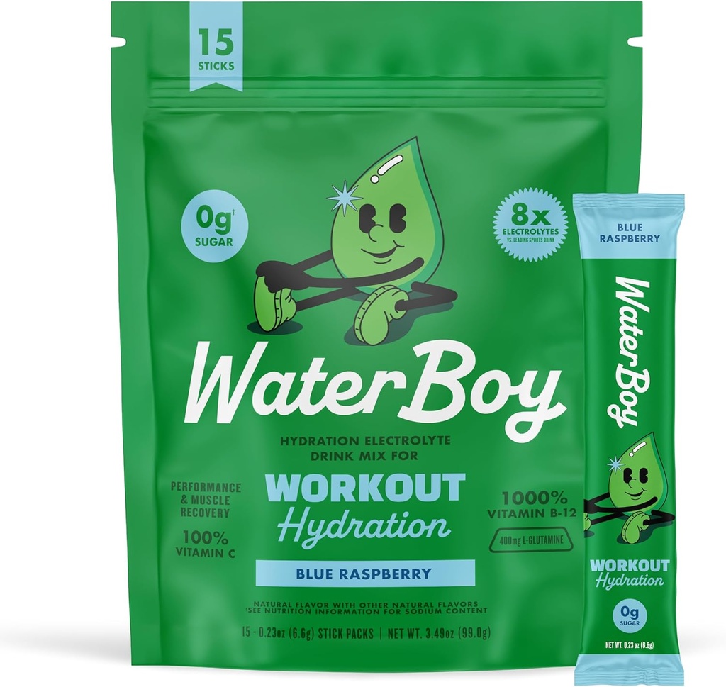 Waterboy Workout Hydration | 2,960mg Sugar Free Electrolyte Toz Paketleri | L-Glutamine + Vitaminler | No Sugar, All Natural, Gluten Free | 15 Irma Mixes (Mavi Raspberry)