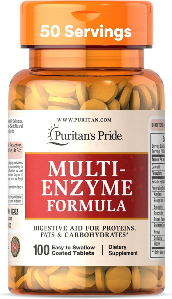 Puritan's Pride Multi-Enzyme Formula, Proteinler, Fatlar ve Carbohidratlar, Digestion ve Sağlıklı Gut Desteği için Diyetsel Tamam, 50 Day Supply, 100 Easy to Swallow Kaplamalar