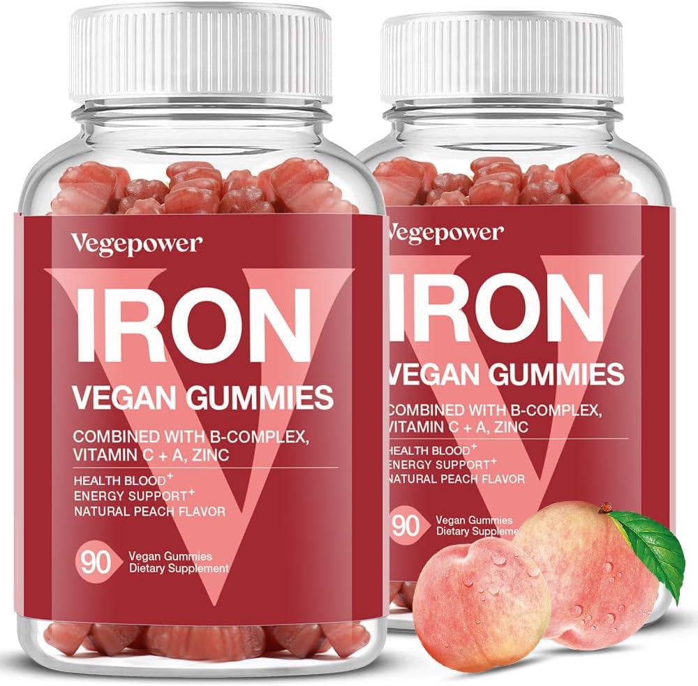 Συμπλήρωμα Vegan Iron Gummies - Multivitamin συμπλήρωμα με βιταμίνη C, A, B & Zinc - Υγεία Αίμα & Ενέργεια Υποστήριξη για την Αναιμία, Όχι Μετά τη Γεύση - Ροδάκινο Γεύση (2 συσκευασίες)