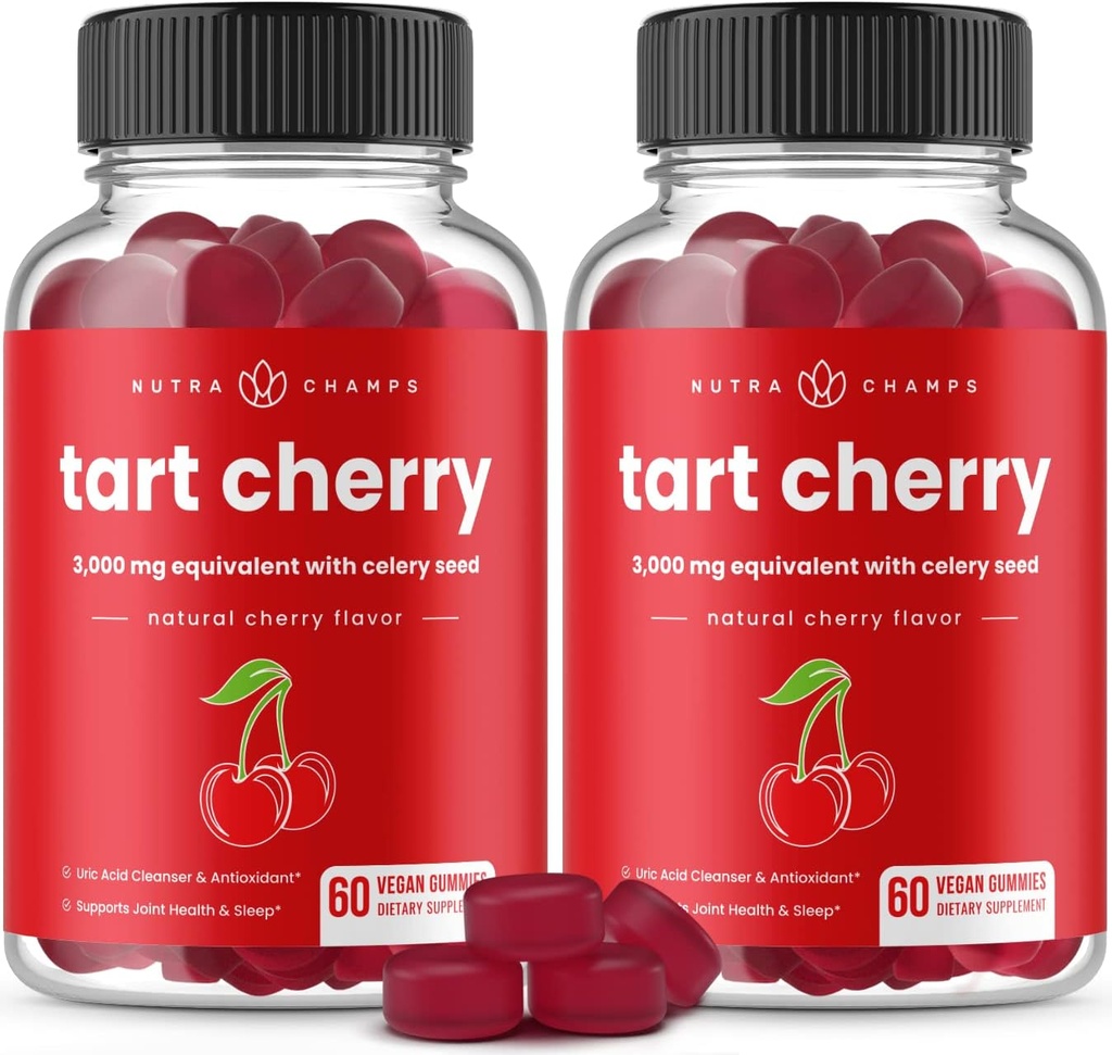 NutraChamps Tart Cherry Gummies - 3000 mg Tart Cherry Genery Tohumu - Uric Acid Cleanse Supplement - Antioksi, Joint Comfort, Flexality, Immune Health, Sleep - 60 Vegan Gummies (2-Pack)