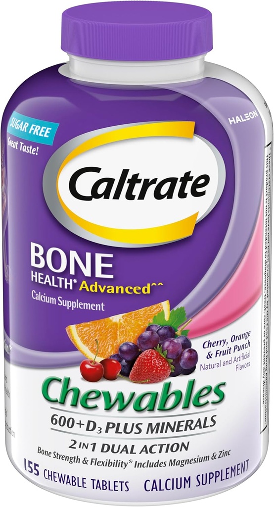 Caltrate Chewables 600 +D3 Plus Mineraller ve Vitamin D, Sugar Free, Cherry, Orange ve Fruit Punch, 155 sayı