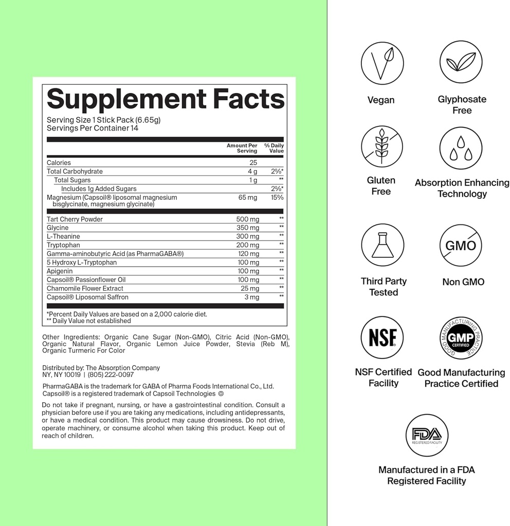 Sleep Aid Toz - Liposomal Saffron ile Derin Uyku İçin Sakin, Magnezyum & PharmaGABA Melatonin-Free Natural Supplement Stresi Azaltmak ve Uyku Kalitesini Geliştirmek için Uyku Kalitesi Chamomile Lemonade 28