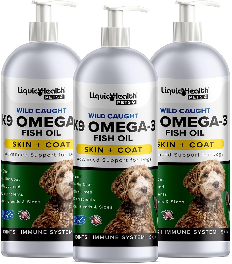 Bitkisel Sağlık Evcil hayvanlar için K9 Omega 3 Balık Yağı - EPA + DPA + DHA ile Evcil hayvanlar için sıvı Omega 3 Supplement - Take Itching & Shedding, Support Commons, Immunity, Brain, Heart Health - USA Made (3 Pack)