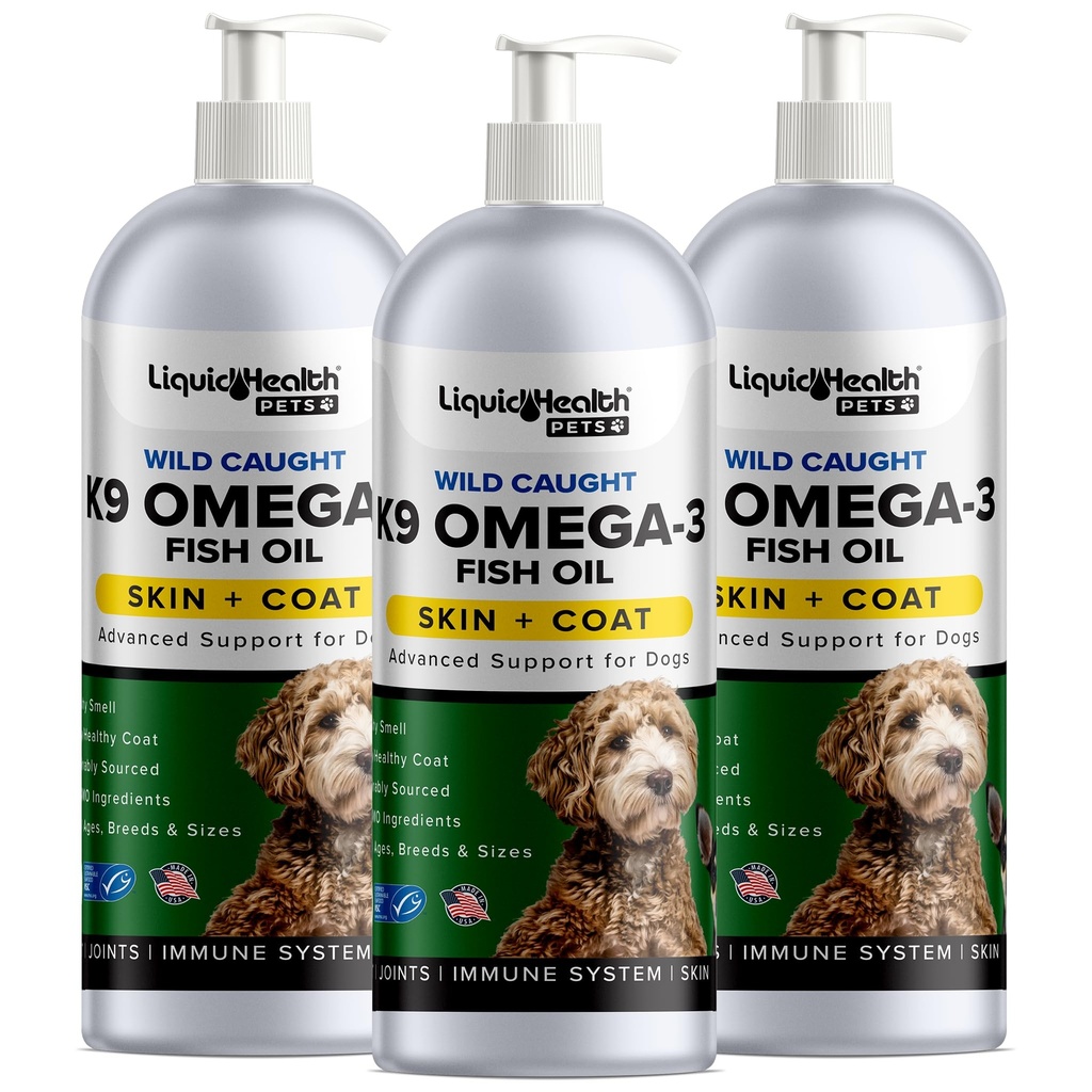 Bitkisel Sağlık Evcil hayvanlar için K9 Omega 3 Balık Yağı - EPA + DPA + DHA ile Evcil hayvanlar için sıvı Omega 3 Supplement - Take Itching & Shedding, Support Commons, Immunity, Brain, Heart Health - USA Made (3 Pack)