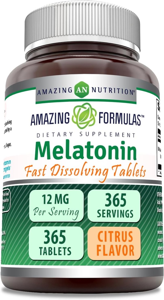 Amazing Formulas Melatonin Fast Dis deploy Supplement | Citrus Flavor | 12 Mg Per Servis | 365 Tablet | Non-GMO | Gluten Free | Made in USA