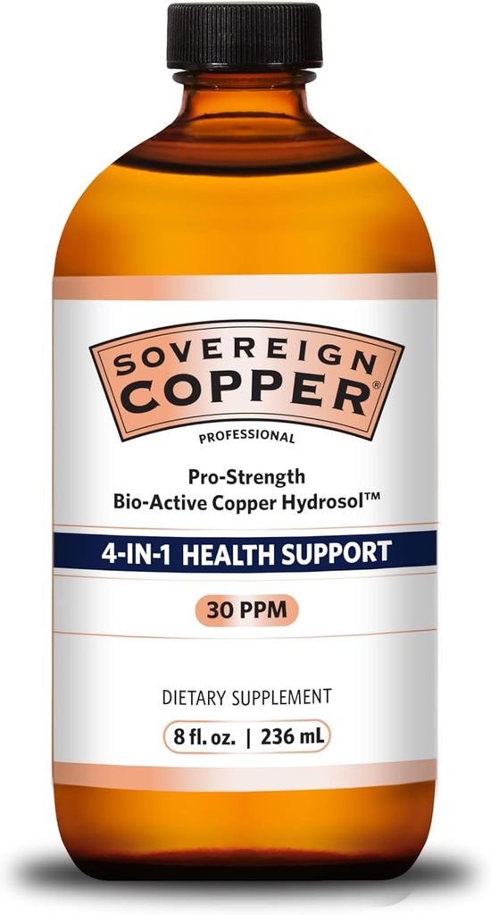Sovereign Pro-Strength Bio-Active Copper Hydrosol - Bio available Copper Liquid Supplement for Yetişkinler & Kids w/Silver Hydrosol for Hair, Skin, & Nails, 30ppm - 8 fl oz (237mL)