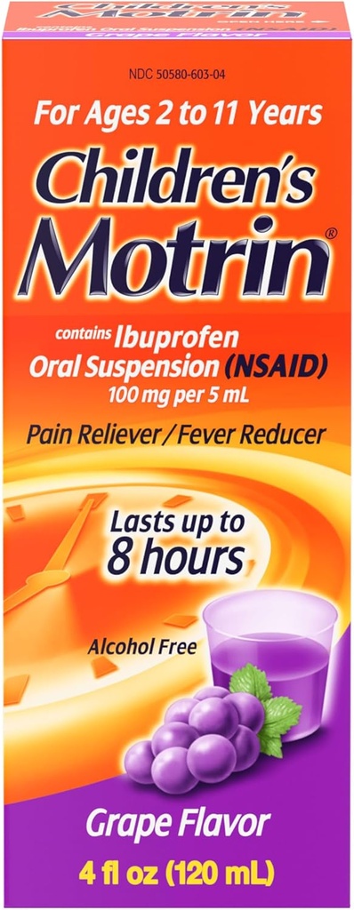 Çocuk Motrin Oral Suspension, Pain Relief, Ibuprofen, Grape Flavored, 4 Oz
