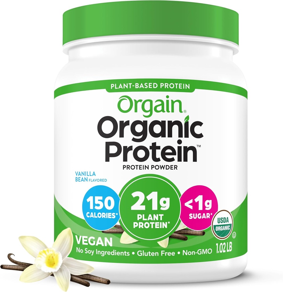 Orgain Organic Vegan Protein Powder, Vanilla Bean - 21g Plant Based Protein, 4g Prebiotic Fiber, No Lactose Ingredients, No Added Sugar, Non-GMO, For Shakes & Smoothies, 1,02 lb (Packing May Vary)