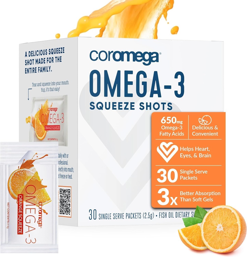 Coromega Omega 3 Fish Oil Supplement, Omega-3s ile 3X Daha İyi Abhidrasyonları Softgels, Orange Flavor, 30 Single Serve Squeeze Packets