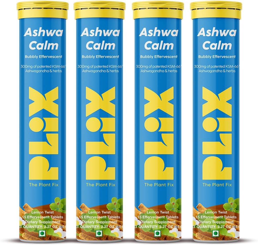 PLIX - ΤΟ ΦΥΤΟ FIX KSM-66 Ashwagandha 300mg Αναβράζοντα συμπληρώματα για το στρες, Mood & Energy Support με βιταμίνη D3 & Brahmi - 60 Vegan, μη-GMO, δισκία χωρίς γλουτένη, Συσκευασία των 4