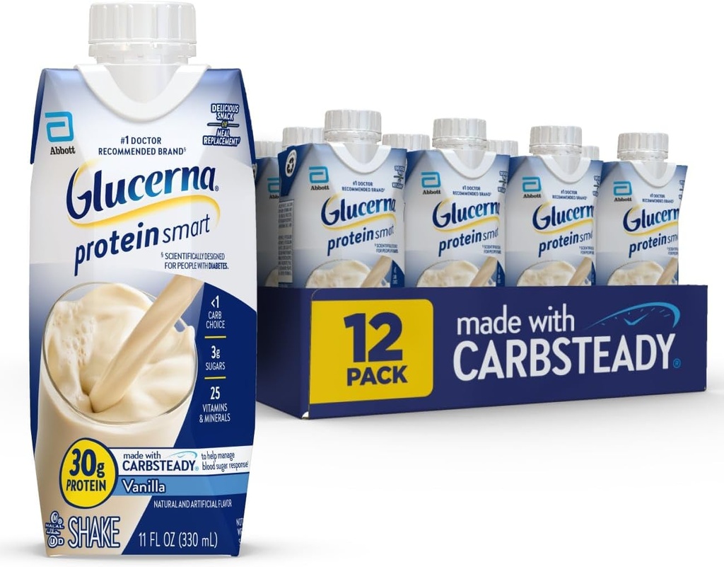 Glucerna protein Smart Diyabet Care Shake, Vanilla, Diabetic Meal Change to Support Blood Sugar Management, 30g Protein, 150 Calories, içmeye hazır, 11-fl-oz Şişe, 12 Pack