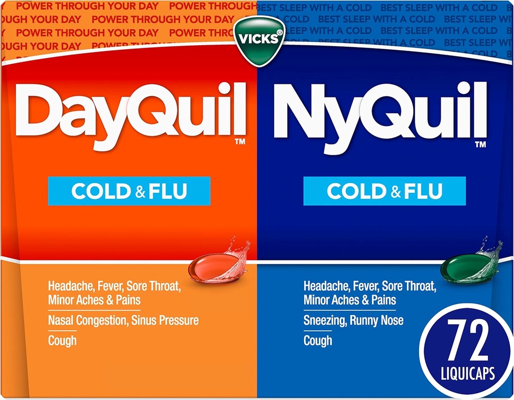 Vicks DayQuil & NyQuil Co-Pack, Cold & Flu Medicine, Güçlü Multi-Symptom Daytime & Nighttime Relief for Headache, Fever, Sore Throat, Minor Aches & Pains, & Cough, 72ct