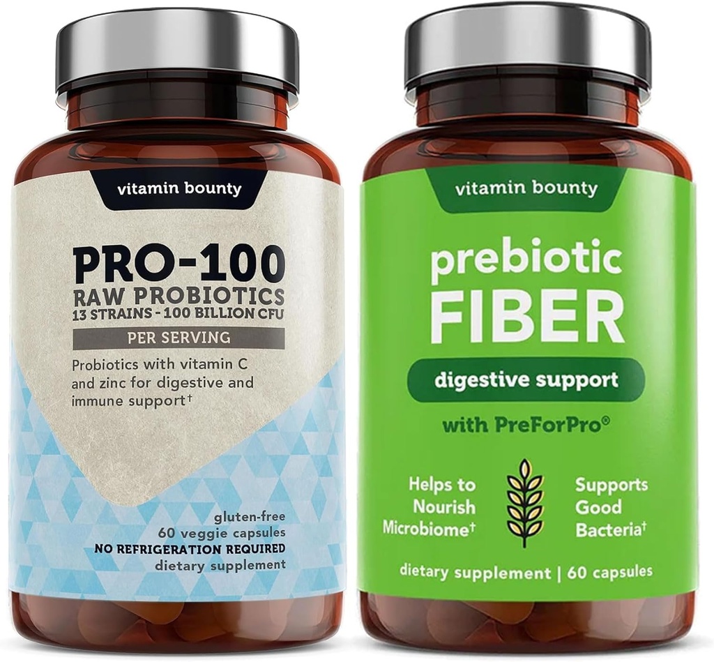 Vitamin Bounty Pro-100 Probiotics & Prebiotic Fiber Bundle: Ultimate Gut Health Support with 13 Strains, 100 Billion CFUs, Zinc & Vitamin C, Καθυστερημένες κάψουλες απελευθέρωσης - 90 Κάψουλες