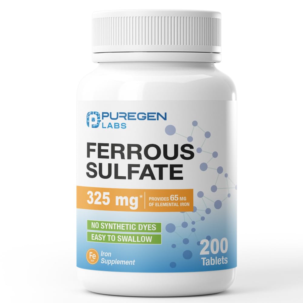 Puregen Labs Ferrous Sulfate 325 mg (65 mg Elemental Iron) Yüksek Potency Iron Supplement | Yapay Renk Katkıları - ABD'de Yapılan 200 Tablet