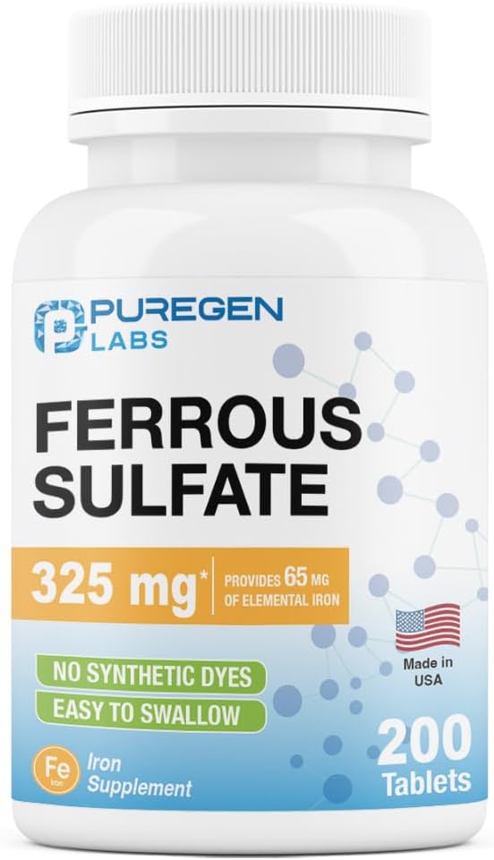 Puregen Labs Ferrous Sulfate 325 mg (65 mg Elemental Iron) Yüksek Potency Iron Supplement | Yapay Renk Katkıları - ABD'de Yapılan 200 Tablet