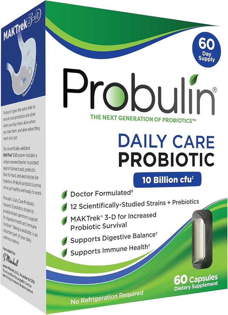 Probulin Ημερήσια Φροντίδα Προβιοτικό συμπλήρωμα, Digestive, Gut, και Immune Health Support Caps για άνδρες και γυναίκες, 10 δισεκατομμύρια CFU, Vegan, 60 Count Box