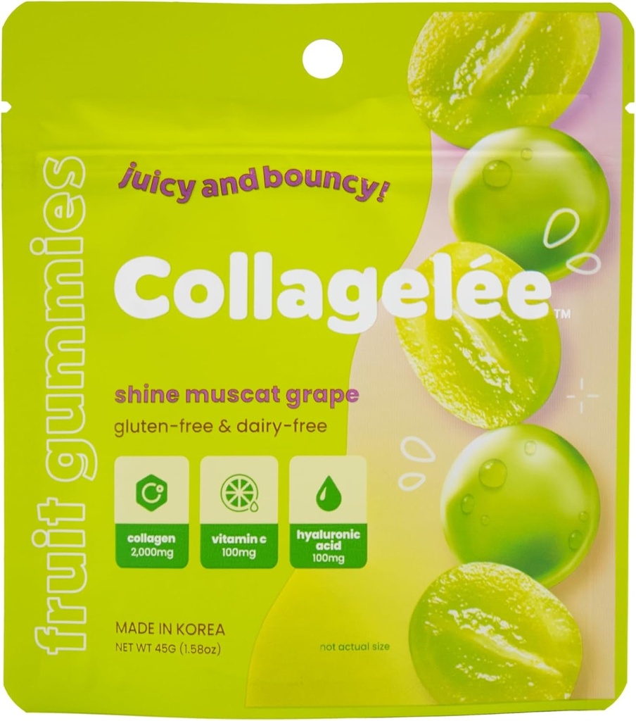 Collagelee Collagen Gummies - Marine Collagen Candy C, Hyaluronic Acid, & Biotin for Moisturized, Youthful, Plump Skin - Koreli Collagen Snacks (Shine Muscat Grape)