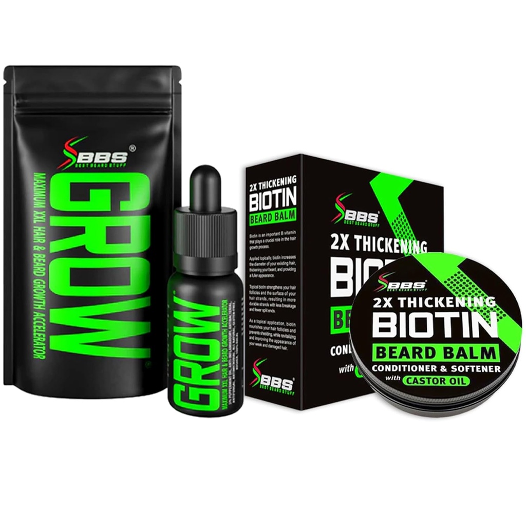 Beard Growth Kit w/GROW XXL Beard Oil/Serum for Facial Hair Growth for Men + 2X Πάχος Biotin Mustache Wax & Balm for Men - Conditioner & Αποσκληρυντής - Formulated in America