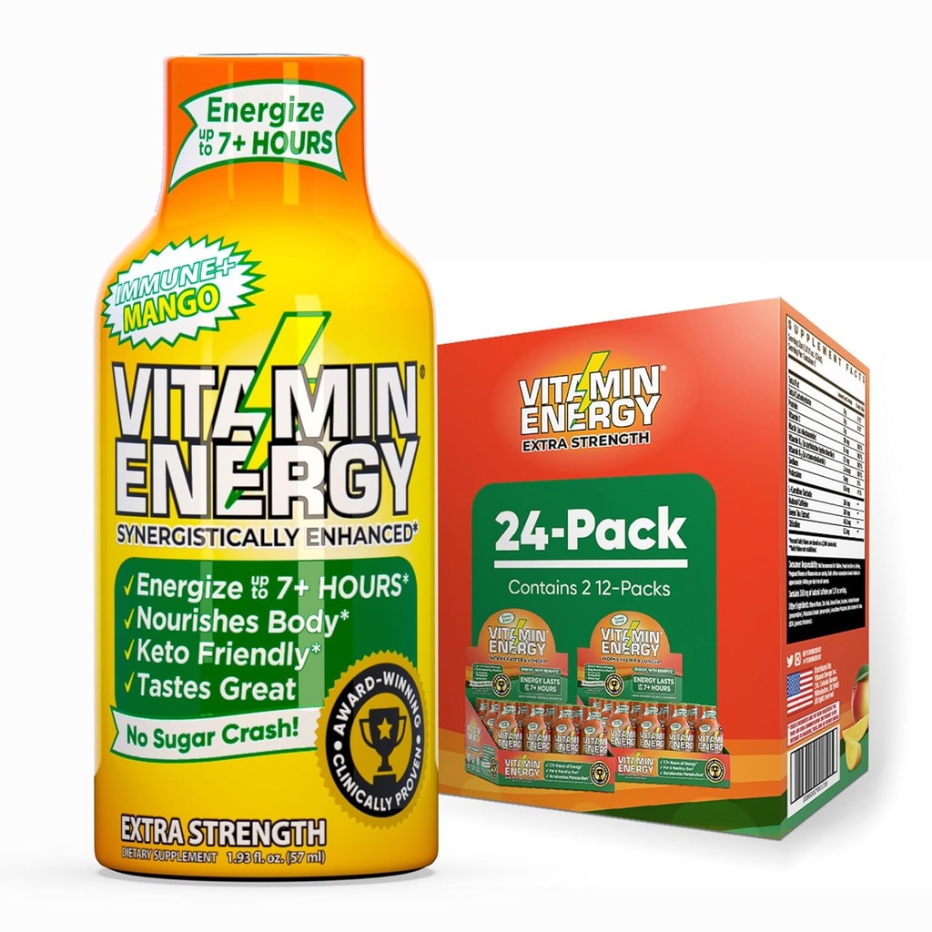 Enerji Vitamini Immune+ Ekstra Güç Enerji Shot Mango 24 Paketi, 260 mg Natural Caffeine, B-Vitamins, Citicoline, Green Tea, Immunity & Focus Support, Zero Sugar, Gluten-Free 1.93 fl ozzz