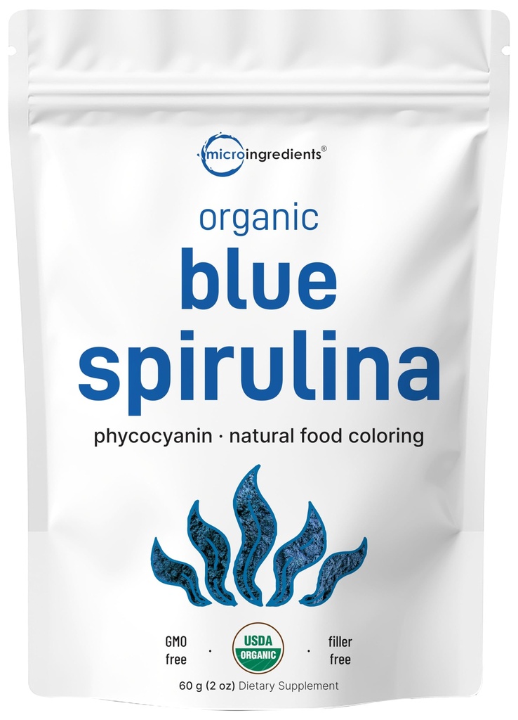 Organik Blue Spirulina Toz (Phycocyanin özü), 60 Hizmet - Balık kokusu yok, Blue-Green Algae, Natural Luminous Food Coloring for Smoothies, Baking, Drinks & Cooking