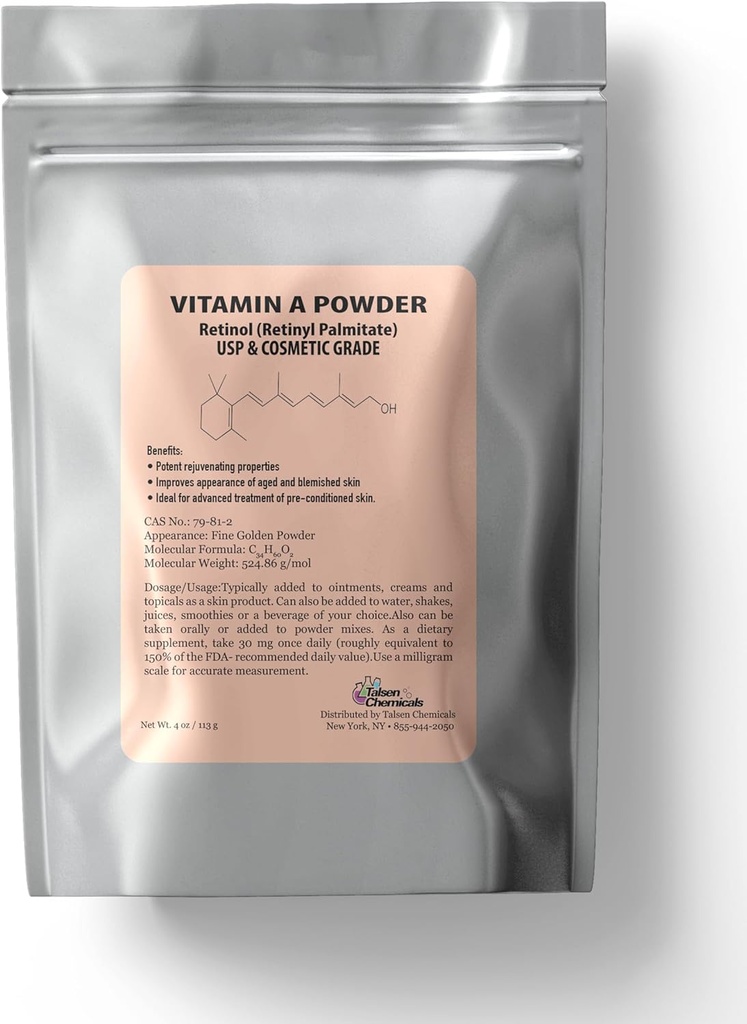 Βιταμίνη Α σε σκόνη Retinyl Palmitate, Pure Retinol σε σκόνη Βιταμίνη Νερό Διαλυτή βιταμίνη A USP & Cosmetic Grade (4 oz. / 113 Grams)