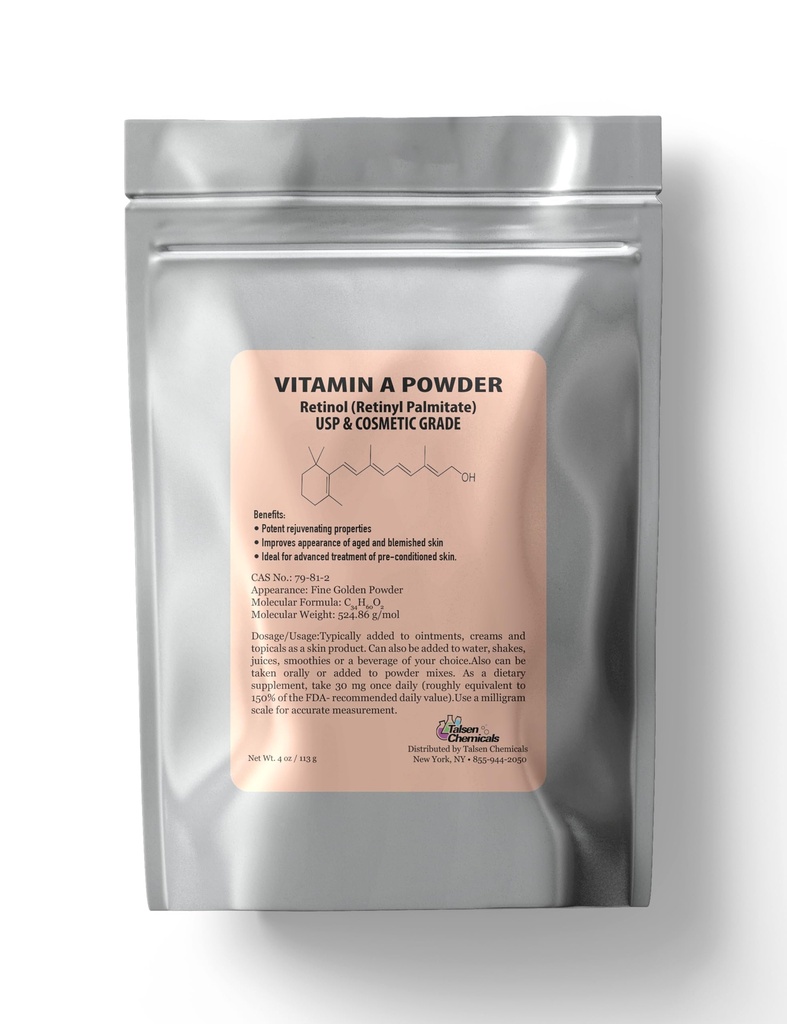 Βιταμίνη Α σε σκόνη Retinyl Palmitate, Pure Retinol σε σκόνη Βιταμίνη Νερό Διαλυτή βιταμίνη A USP & Cosmetic Grade (4 oz. / 113 Grams)