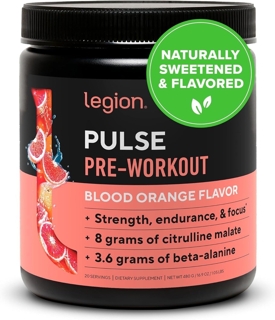 LEGION- All Natural Nitric Physics Preworkout Drink to Boost Energy,tine Free, Natural Sweetized, Beta Alanine, Citrulline, Alpha GPC (Kan Orange)