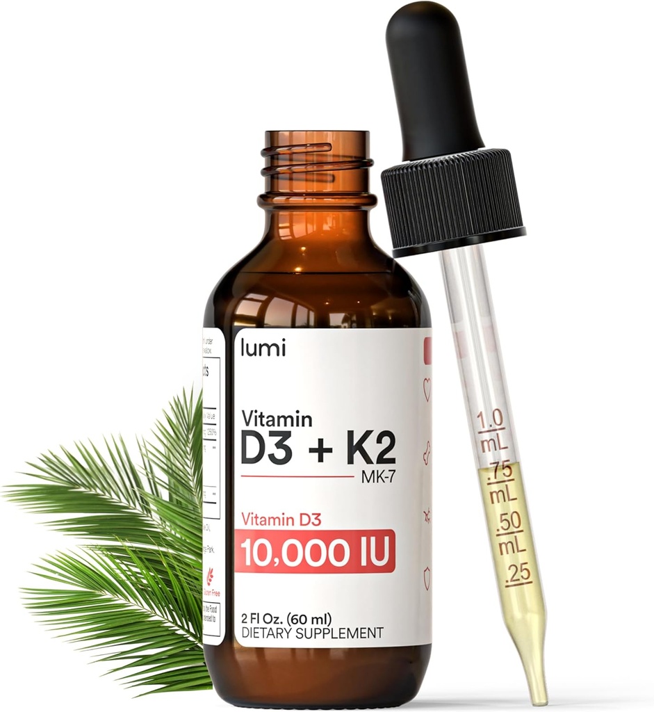 lumi Vitamin D3 K2 MK7 w Palm MCT Oil - 10000 IU D3, 200 mcg K2 MK7-60 ml Liposomal Abpsiyon Sublingual Liquid Drops - Non-GMO, Vegan, Unflavored Liquid - Monthly Supply - 2 Fl Oz