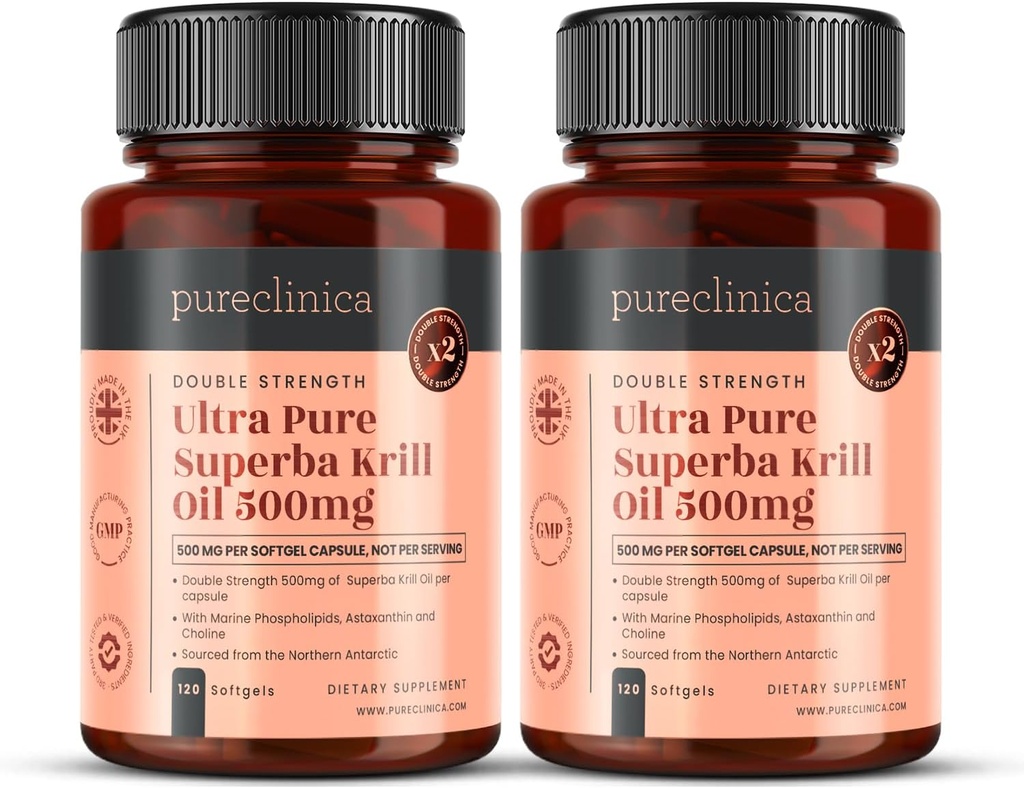 Ultra Pure Krill Oil 500 mg x 240 Capsules (2 Şişeler) - Antarktika'nın Unpollu Suları, Astaxanthin'in Zengin Bir Tedariki, Omega 3 ve D Vitamin D