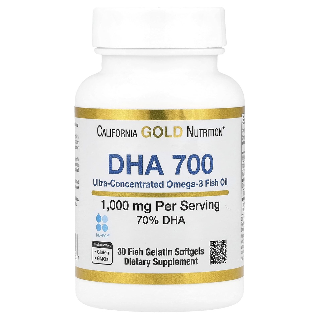 California Gold Beslenme DHA 700 Balık Yağı İlaç Grade Balık Yağı DHA - Beyin ve Cardiovasüler Sağlık Desteği - Gluten Free, Non-GMO - 1000 mg - 30 Fish Gelatin Softgels