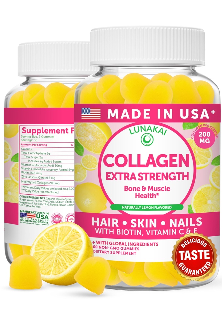 Lunakai USA Made Collagen, Gummies - 200 mg Non-GMO Anti-Aging Formula with Biotin, çinko, Vitamins C & E for Hair, Skin and Nails, 60ct