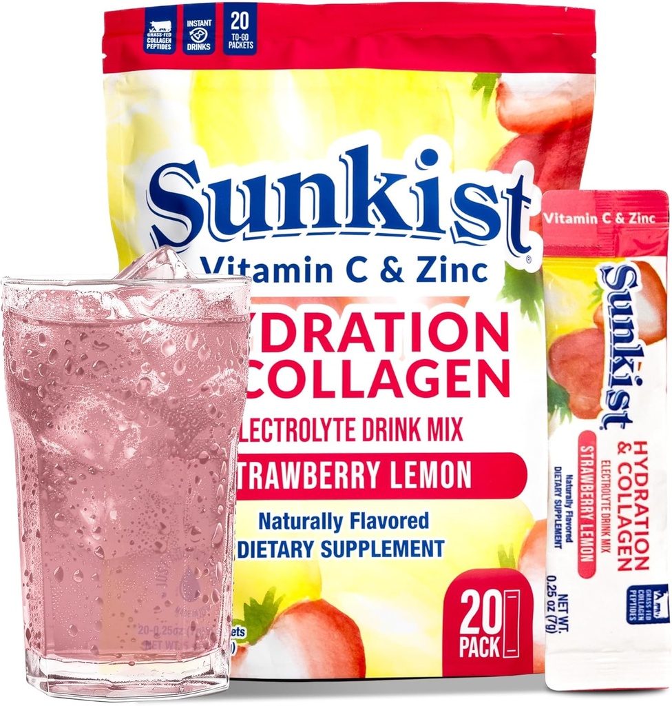 Donmuş Bean Sunkist Collagen Drink Mix - Hydration Strawberry Lemon Electrolyte Drink for Women with C, çinko, Collagen,, Doğal Flavored - 20 Pack